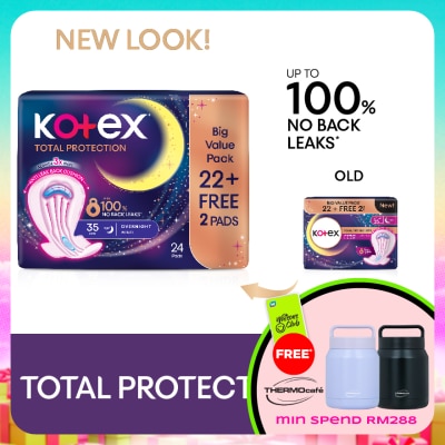 KOTEX - Total Protection Overnight Wing Pad 35cm (24s) - Sanitary Pad that prevents up to 100% No Back Leaks