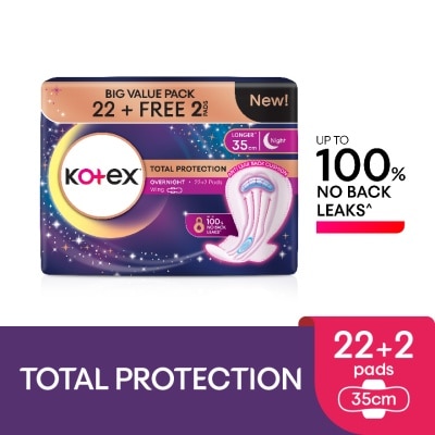 KOTEX Total Protection Overnight Wing Pad 35cm (24s) - Sanitary Pad that prevents up to 100% No Back Leaks