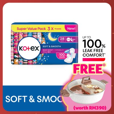 KOTEX Soft & Smooth Overnight Wing Pad 28cm (14s x 3 Packs) - Sanitary Pad with 100% Leak Free Comfort