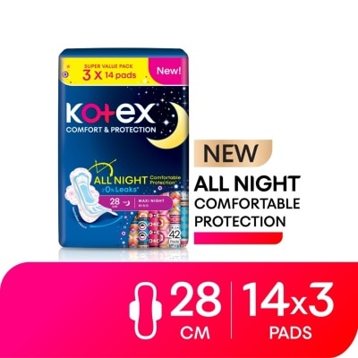 KOTEX - Comfort & Protection Night Wing Pad 28cm (14sx3) - Sanitary Pad with 100% Leak Free Comfort