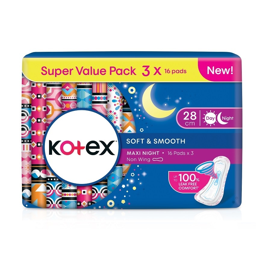 Soft & Smooth Overnight Non Wing Pad 28cm (16s x 3 Packs) - Sanitary Pad with 100% Leak Free Comfort