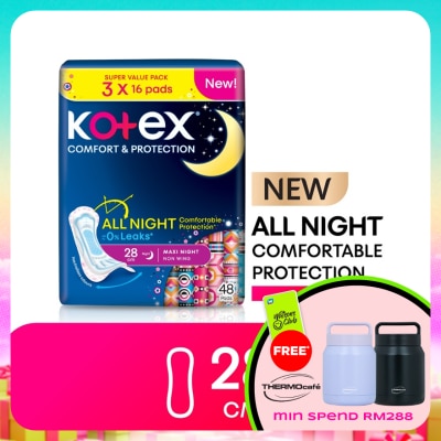 KOTEX - Comfort & Protection Night Non Wing Pad 28cm (16sx3) - Sanitary Pad with 100% Leak Free Comfort