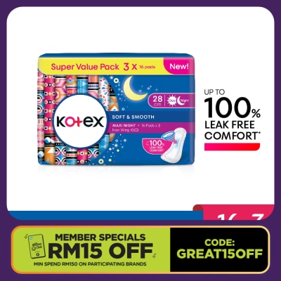KOTEX Soft & Smooth Overnight Non Wing Pad 28cm (16s x 3 Packs) - Sanitary Pad with 100% Leak Free Comfort