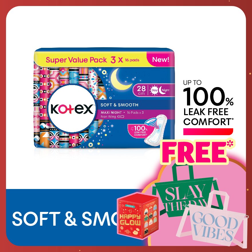 Soft & Smooth Overnight Non Wing Pad 28cm (16s x 3 Packs) - Sanitary Pad with 100% Leak Free Comfort