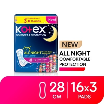 KOTEX - Comfort & Protection Night Non Wing Pad 28cm (16sx3) - Sanitary Pad with 100% Leak Free Comfort