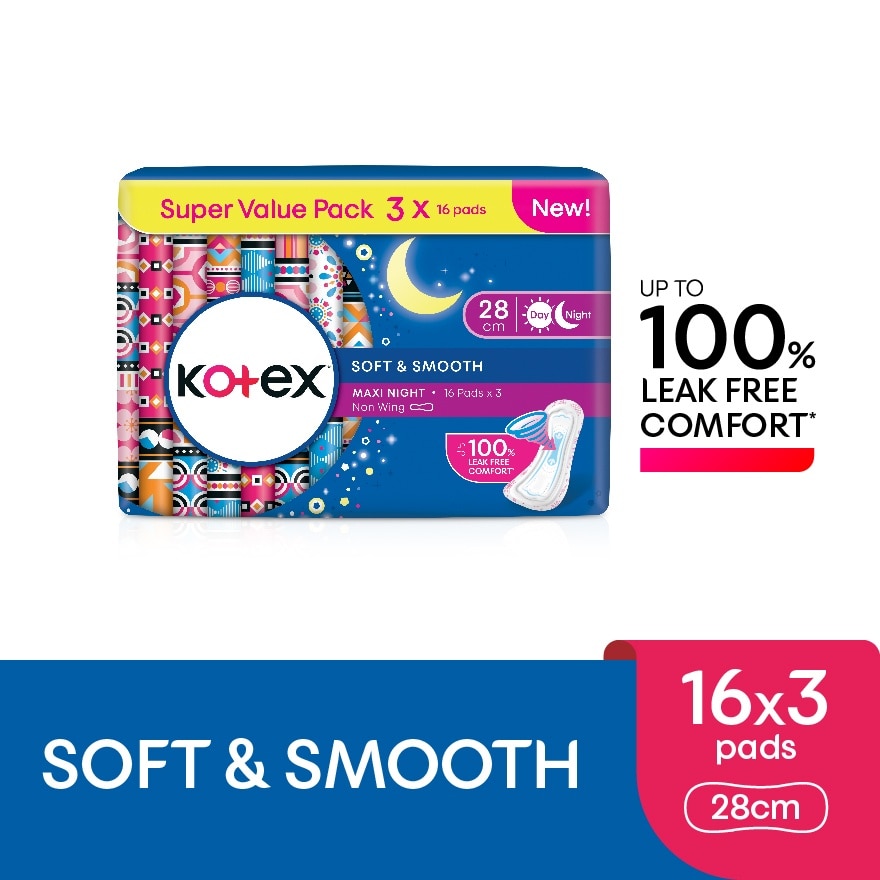 Soft & Smooth Overnight Non Wing Pad 28cm (16s x 3 Packs) - Sanitary Pad with 100% Leak Free Comfort