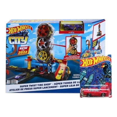 HOT WHEELS City Super Twist Tire Shop Trackset and Proton Saga Special Edition Bundle