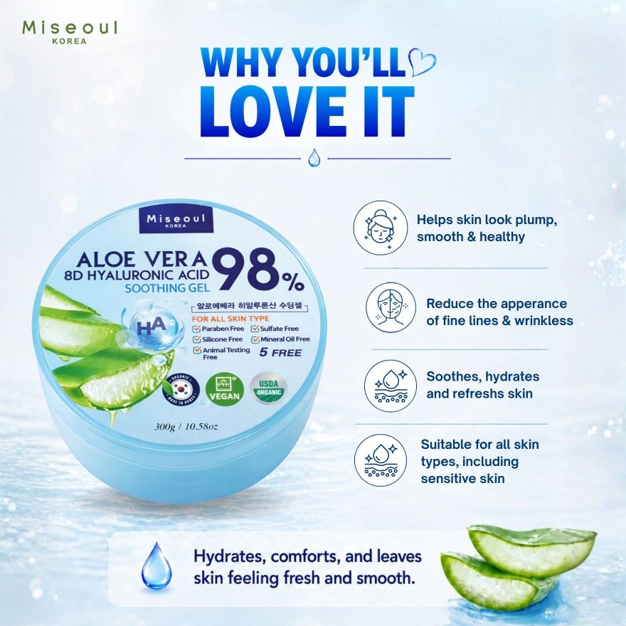 Aloe Vera 8D Hyaluronic Acid Soothing Gel 98% 300g