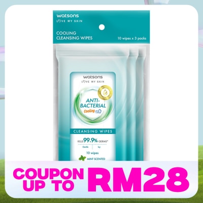 WATSONS Antibacterial Cooling Cleansing Wipes 10S X 3