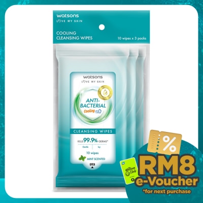 WATSONS Antibacterial Cooling Cleansing Wipes 10S X 3