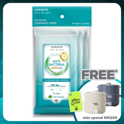 WATSONS Antibacterial Cooling Cleansing Wipes 10S X 3