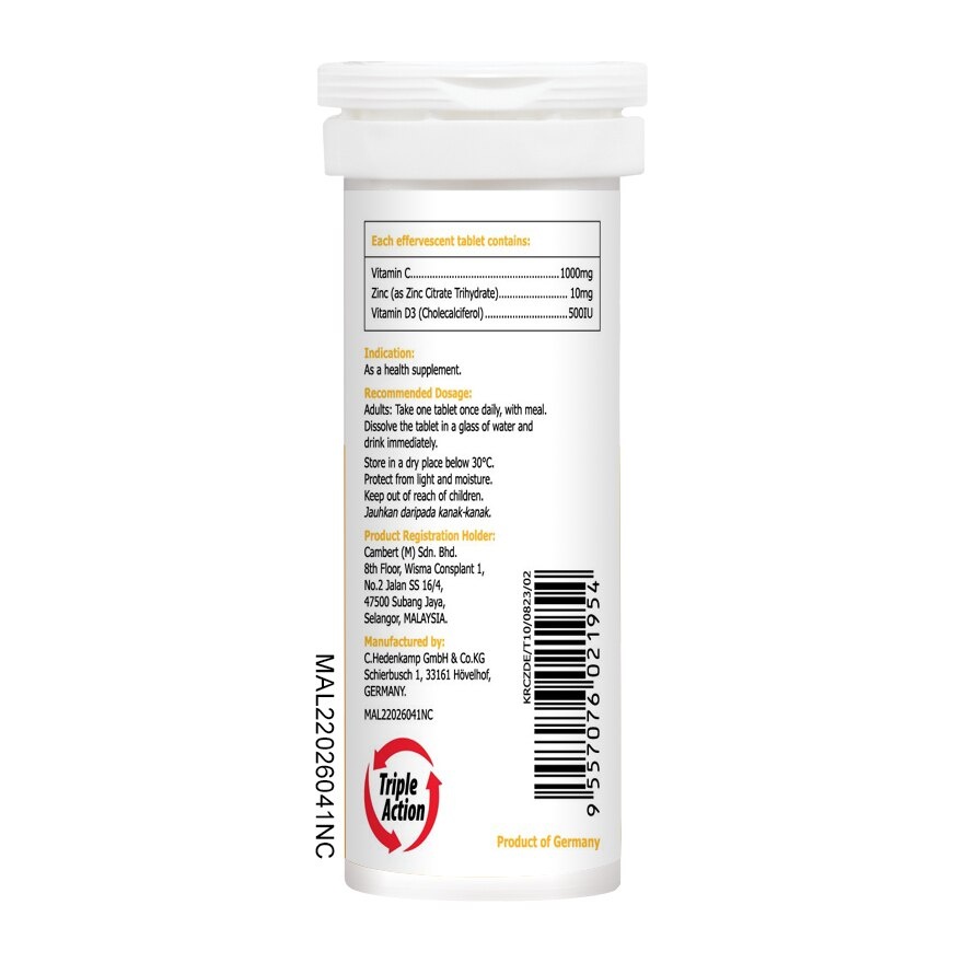 Effervescent Vitamin C 1000mg + Zinc 10mg +Vit D3 500IU 10s