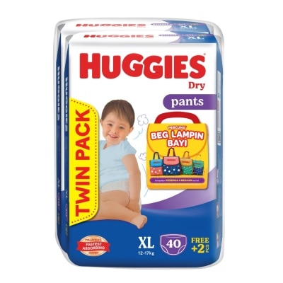 HUGGIES Dry Pants Diapers Value Twin Pack XL (40SX2) FOC Diaper Bag (On-Pack Random Design)