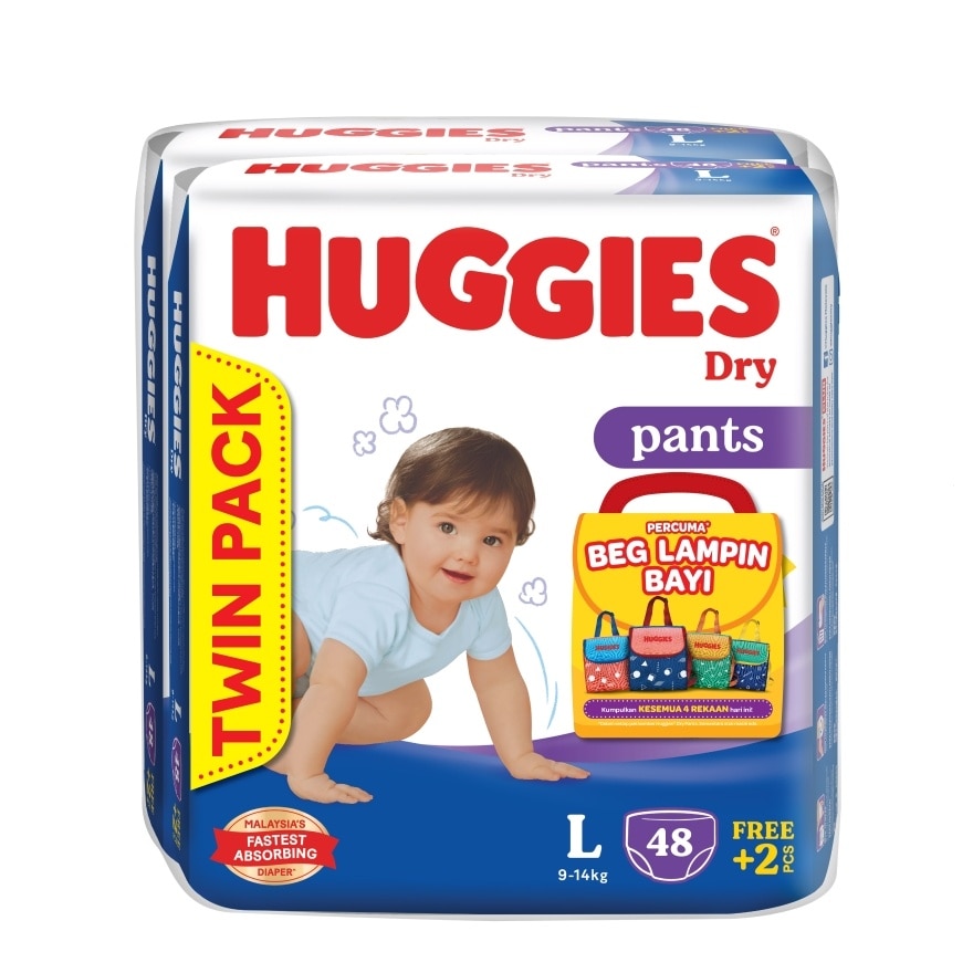 Dry Pants Diapers Value Twin Pack L (48SX2) FOC Diaper Bag (On-Pack Random Design)