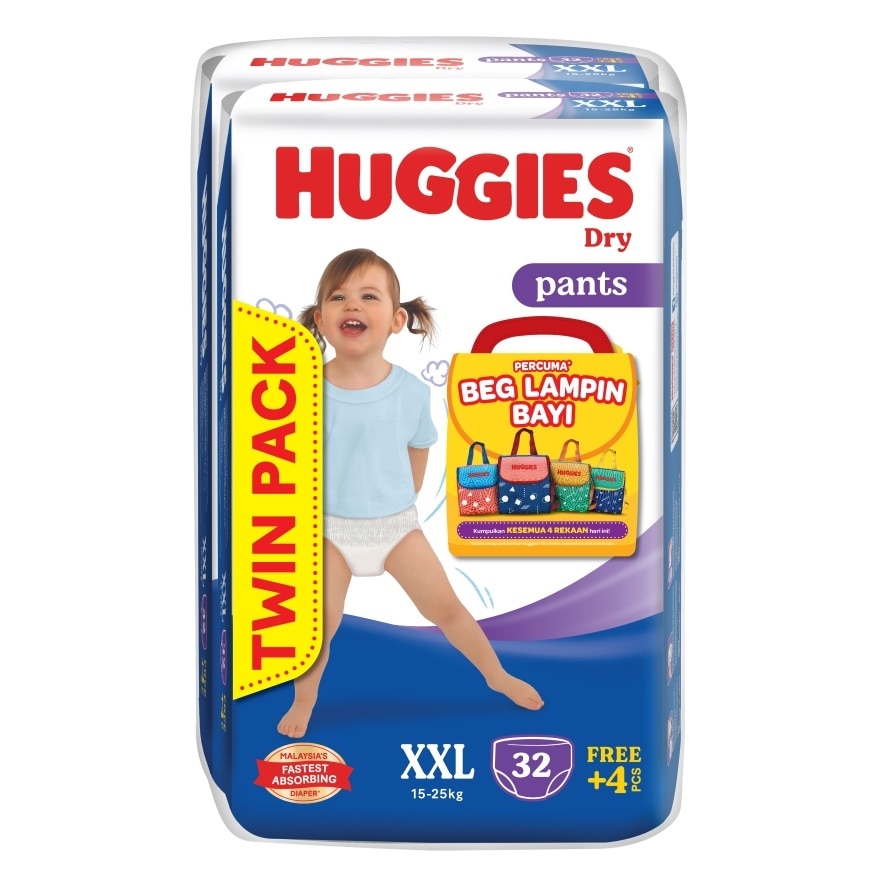 Dry Pants Diapers Value Twin Pack XXL (34SX2) FOC Diaper Bag (On-Pack Random Design)