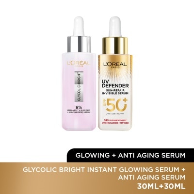 L'OREAL PARIS SKIN CARE Glycolic Bright Serum 30ml & UV Defender Anti Aging Serum 30ml Set