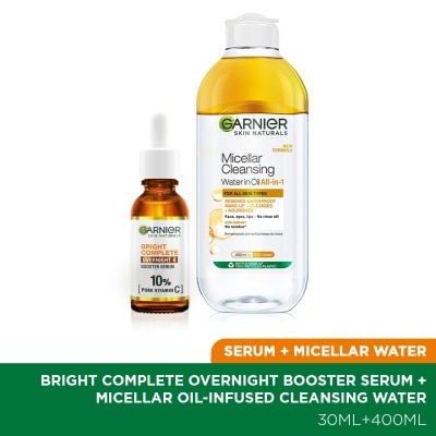 GARNIER Bright Complete Overnight Serum 30ml & Micellar Oil-Infused Cleaning Water 400ml Set
