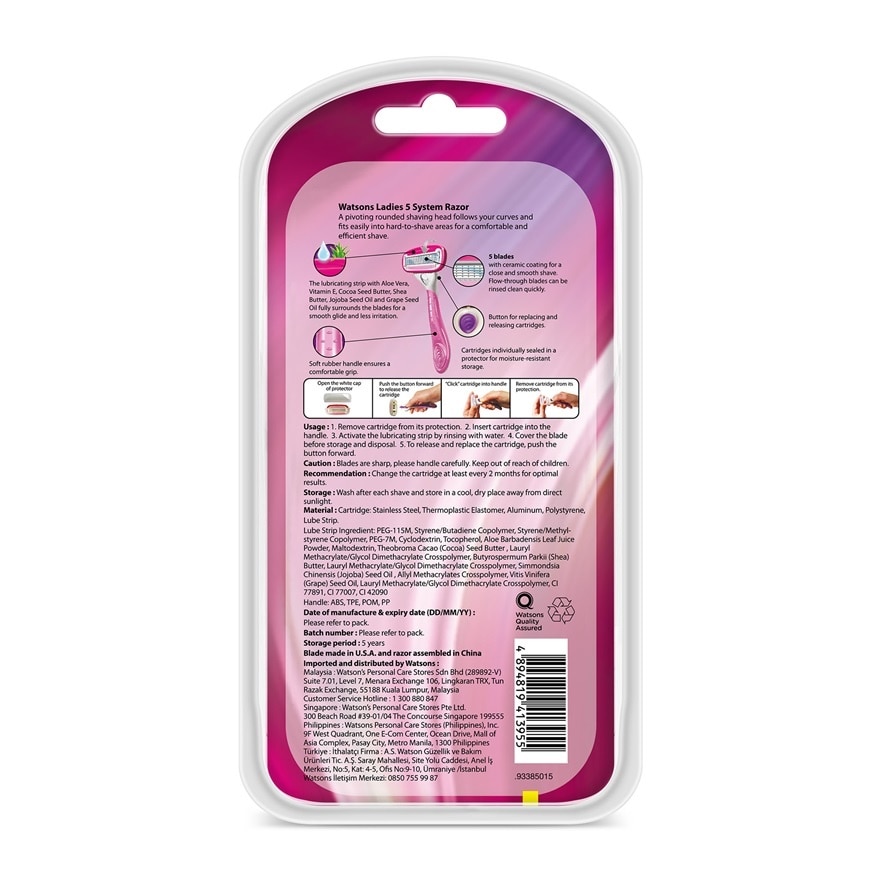 Ladies 5-Blade System Razor 1 Handle + 2 Cartridges