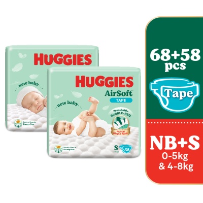HUGGIES - Airsoft Newborn baby Diapers NB 68s + S 58s