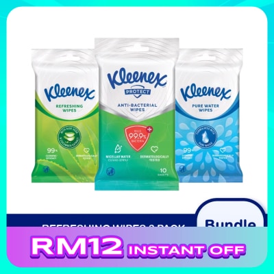 KLEENEX Protect Antibacterial Wipes (10's x 3) + Pure Water Wipes (10's x 3) + Refreshing Wipes (10's x 3)