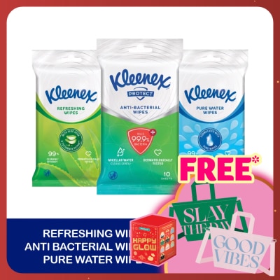 KLEENEX Protect Antibacterial Wipes (10's x 3) + Pure Water Wipes (10's x 3) + Refreshing Wipes (10's x 3)