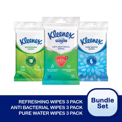 KLEENEX - Protect Antibacterial Wipes (10's x 3) + Pure Water Wipes (10's x 3) + Refreshing Wipes (10's x 3)