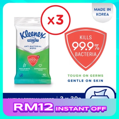 KLEENEX Hand & Face Protect Antibacterial Multipurpose Disinfecting Wet Wipes (10's x 3 packs) x3 packs