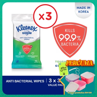 KLEENEX - Hand & Face Protect Antibacterial Multipurpose Disinfecting Wet Wipes (10's x 3 packs) x3 packs