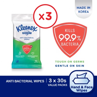KLEENEX - Hand & Face Protect Antibacterial Multipurpose Disinfecting Wet Wipes (10's x 3 packs) x3 packs