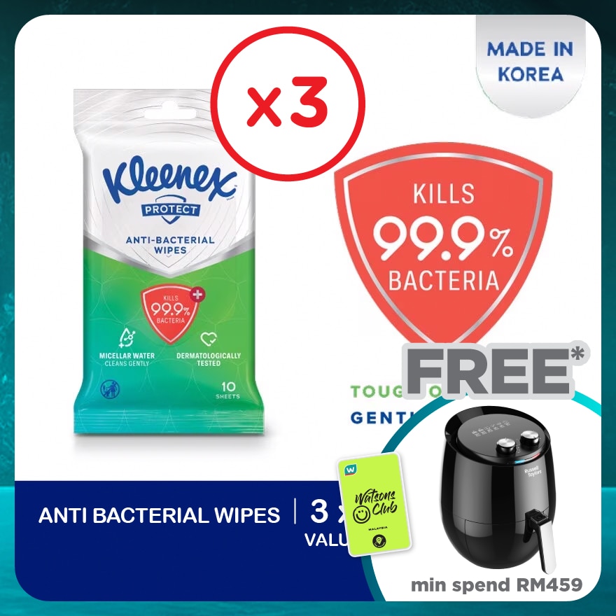 Hand & Face Protect Antibacterial Multipurpose Disinfecting Wet Wipes (10's x 3 packs) x3 packs