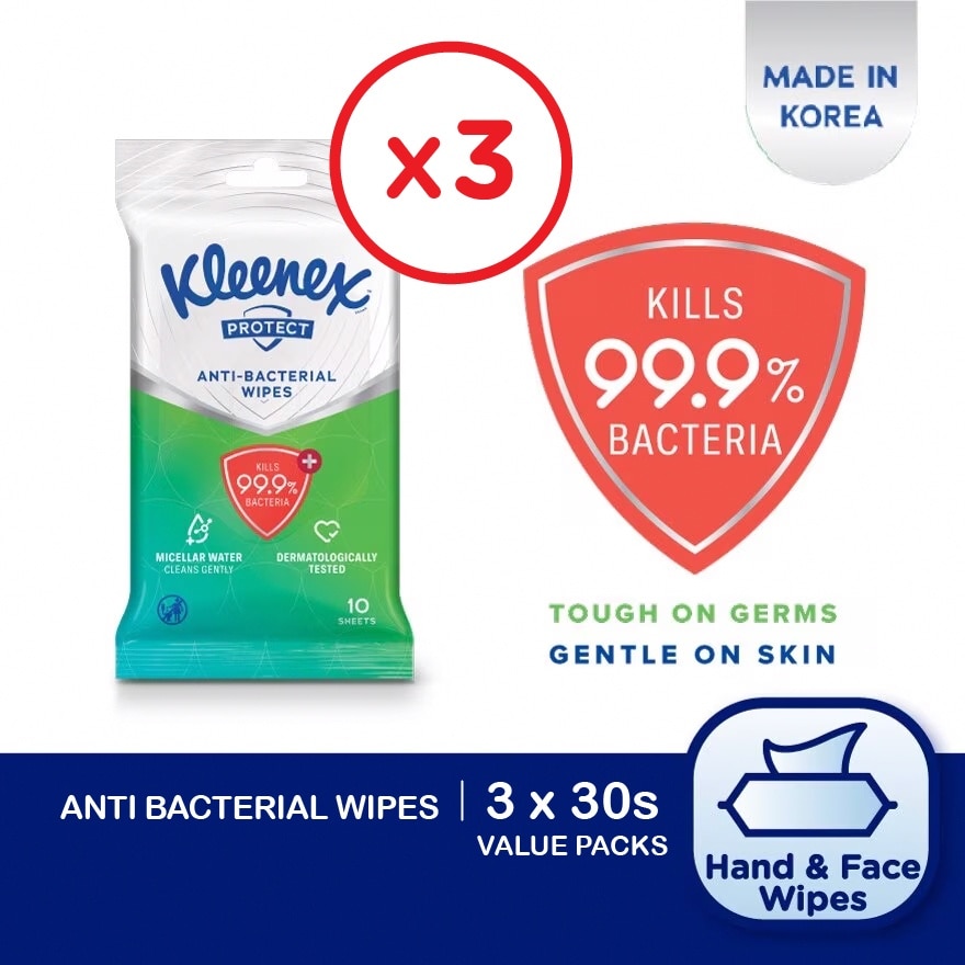 Hand & Face Protect Antibacterial Multipurpose Disinfecting Wet Wipes (10's x 3 packs) x3 packs