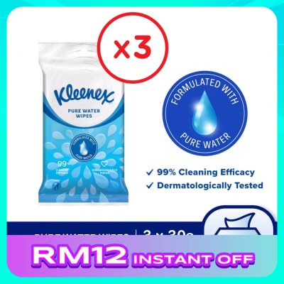 KLEENEX Hand & Face Pure Water Multipurpose Wet Wipes (10's x 3 packs) x3 packs