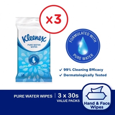KLEENEX Hand & Face Pure Water Multipurpose Wet Wipes (10's x 3 packs) x3 packs