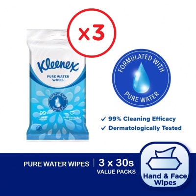 KLEENEX - Hand & Face Pure Water Multipurpose Wet Wipes (10's x 3 packs) x3 packs