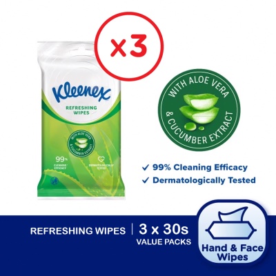 KLEENEX - Hand & Face Refreshing Multipurpose Wet Wipes (10's x 3 packs) x3 packs