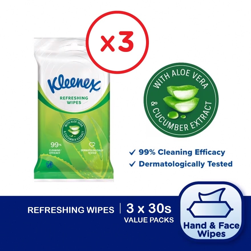 Hand & Face Refreshing Multipurpose Wet Wipes (10's x 3 packs) x3 packs