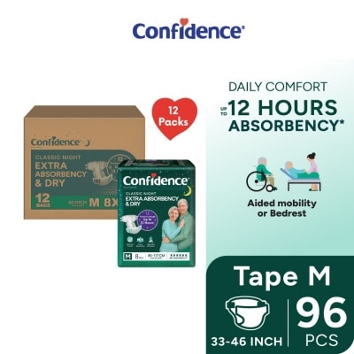 CONFIDENCE Classic Night Tape Adult Diaper M size 8s (12packs) - Incontinence Diaper up to 12 hours