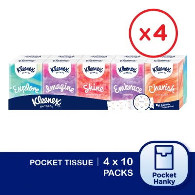 KLEENEX - Hanky Pack Pocket Tissue 3 Ply (9s x 10 Packs) x4 packs - Travel Tissue Mini Pack with Mighty Quotes