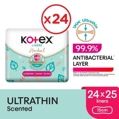 KOTEX Herbal Anti-Bacterial Ultrathin Panty Liners 15cm 25s x24 - Odor Care with Tea Tree Extract Liners