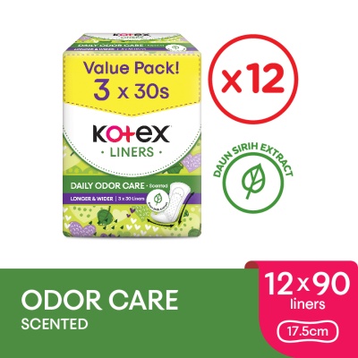 KOTEX - Longer & Wider Scented Pantyliner 17.5cm (30sx3Packs) x12 - Odor Care with Daun Sirih Extract Liners image