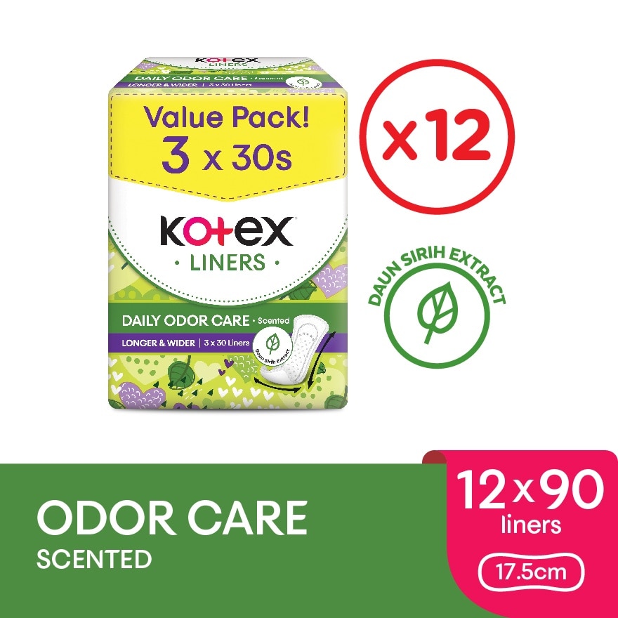 Longer & Wider Scented Pantyliner 17.5cm (30sx3Packs) x12 - Odor Care with Daun Sirih Extract Liners