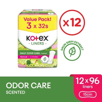 KOTEX Regular Scented Pantyliner 15cm (32s x 3 Packs) x12packs - Odor Care with Daun Sirih Extract Liners