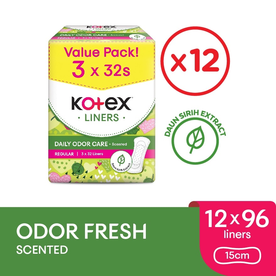 Regular Scented Pantyliner 15cm (32s x 3 Packs) x12packs - Odor Care with Daun Sirih Extract Liners
