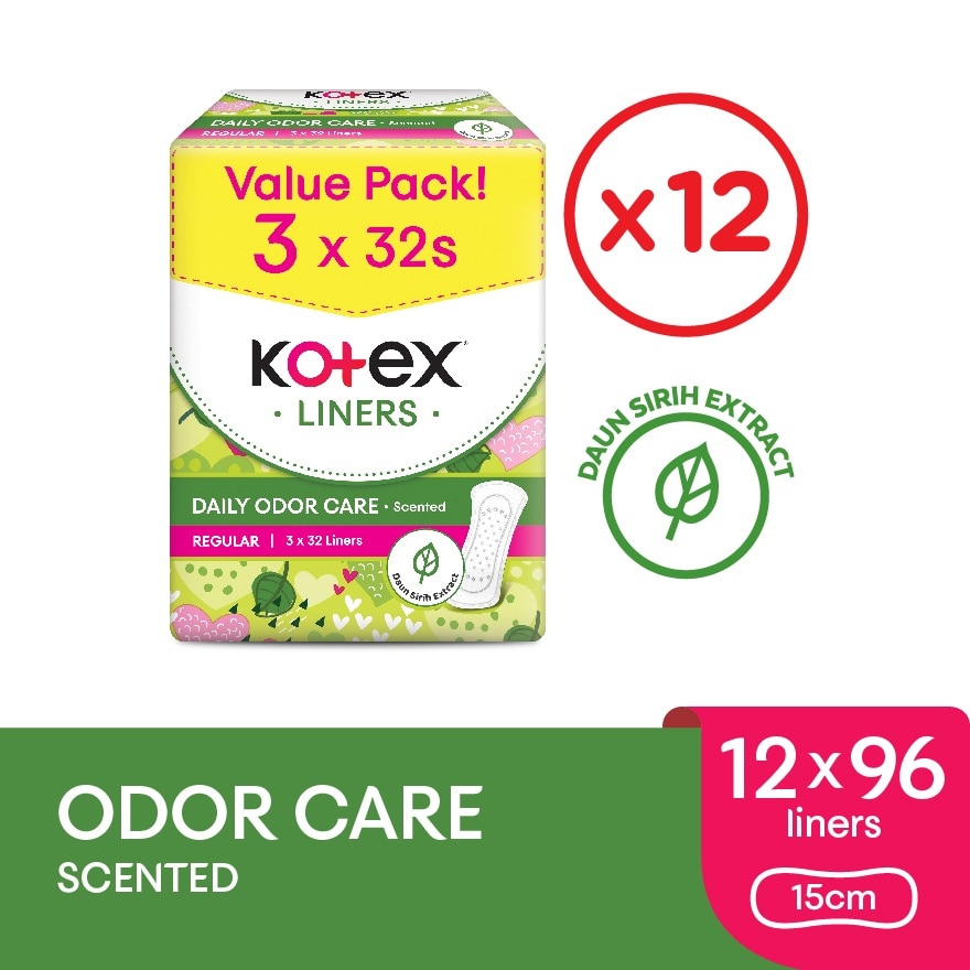 Regular Scented Pantyliner 15cm (32s x 3 Packs) x12packs - Odor Care with Daun Sirih Extract Liners