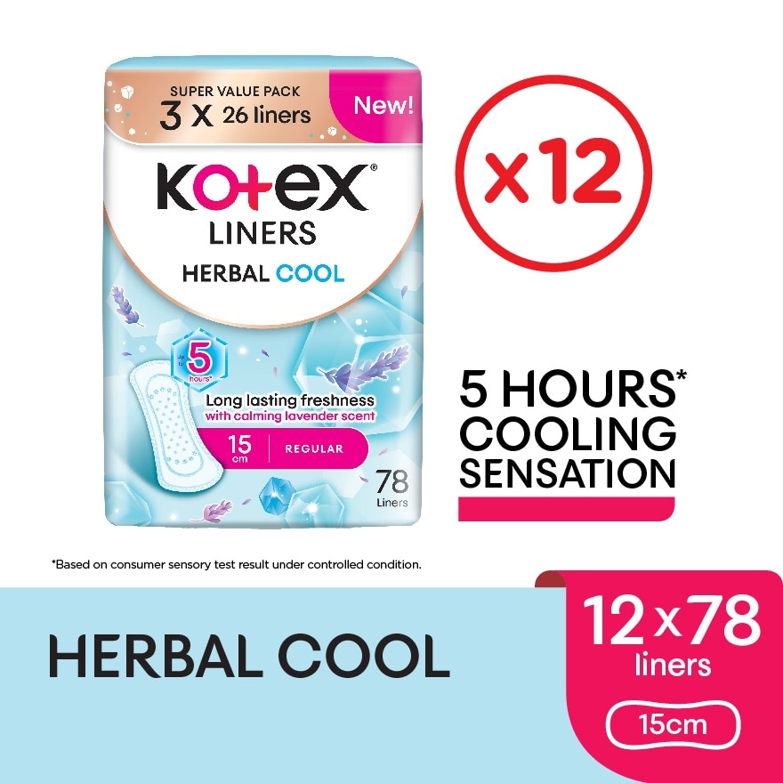 Herbal Cool Regular Pantyliner 15cm (26s x 3 Packs) x12packs - Liners with Cooling Tea Tree Extract