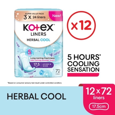 KOTEX Herbal Cool Longer & Wider Pantyliner 17.5cm (24sx 3Packs) x12- Liners with Calming Lavender Scent