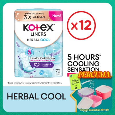KOTEX - Herbal Cool Longer & Wider Pantyliner 17.5cm (24sx 3Packs) x12- Liners with Calming Lavender Scent