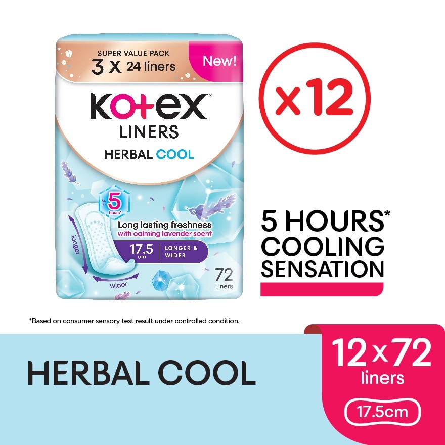 Herbal Cool Longer & Wider Pantyliner 17.5cm (24sx 3Packs) x12- Liners with Calming Lavender Scent