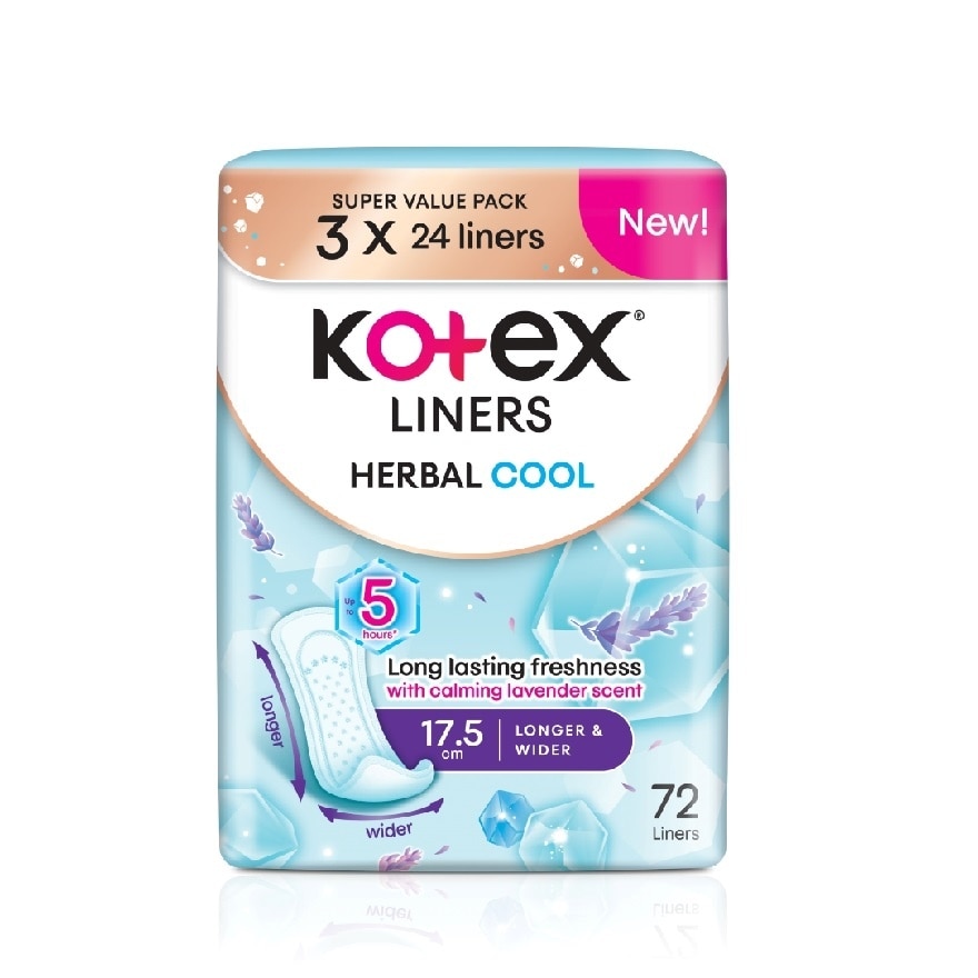 Herbal Cool Longer & Wider Pantyliner 17.5cm (24sx 3Packs) x12- Liners with Calming Lavender Scent