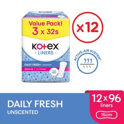KOTEX Regular Unscented Pantyliner 15cm (32sx3 Packs) x12 - Breathable, Comfortable & Rapid Absorption
